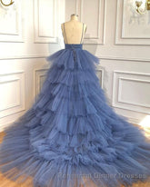 Blue V Neck Tiered Sleeveless Tulle Semi Formal Prom Dress, Gorgeous Long Party Dress